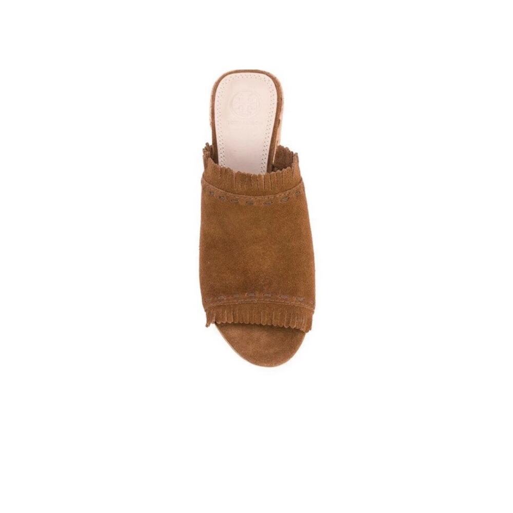 Tory Burch Huntington Suede Fringe Trimmed Brown Heels Mules Shoes Sz 6.5